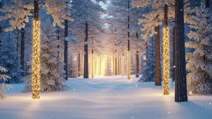 Magical winter forest path illuminated by warm fairy lights on snow covered pine trees at dusk