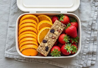 Freshly packed lunchbox with sliced oranges, ripe strawberries and granola bar, healthy snack concept, perfect for nutrition content, school lunches, meal prep ideas and wellness lifestyle