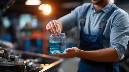 Fluid disposal container, automotive service equipment, mechanic handling waste, professional environmental care, garage workshop activity, proper disposal procedure, faceless work