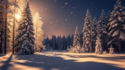 Magical winter forest scene at night with snow covered trees and warm glowing light illuminating the landscape