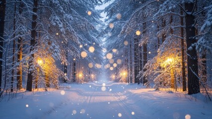 Magical winter forest path illuminated by warm glowing lights and soft snowfall creating a serene and enchanting atmosphere
