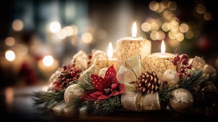 Christmas candle centerpiece with glowing pillar candles and festive red decorations