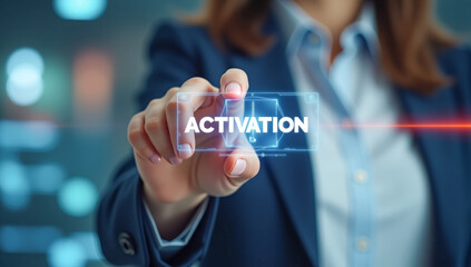 hand presses the virtual activation button, close-up