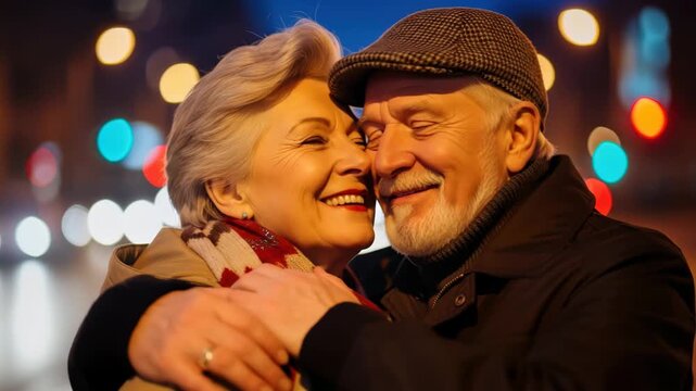 Eternal bond of Love: An elderly couple shares an intimate embrace under the soft glow of streetlights at night, embodying the essence of enduring love and cherished moments.