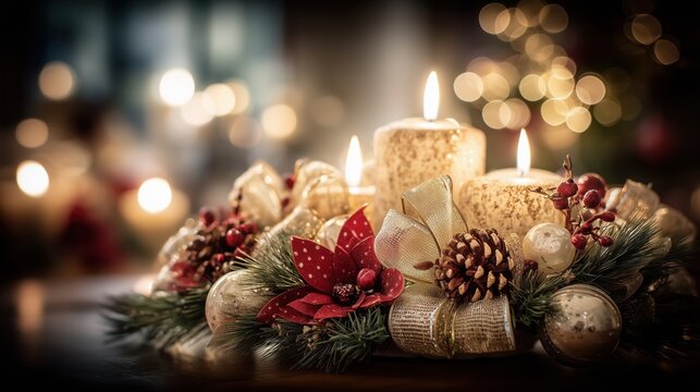 Christmas candle centerpiece with glowing pillar candles and festive red decorations