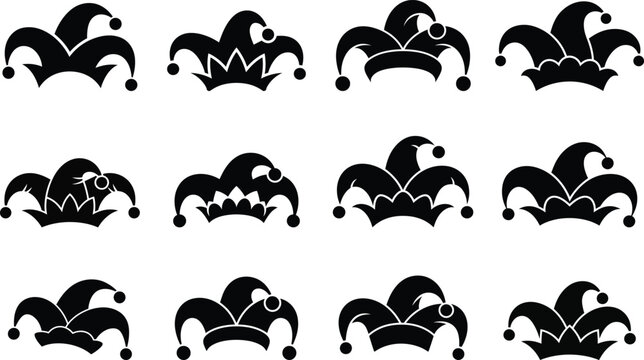 Jester hat vector silhouettes set with various styles of fool caps, bell adornments, and playful designs for carnival fun.