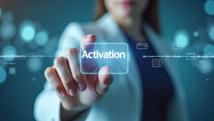 hand presses the virtual activation button, close-up