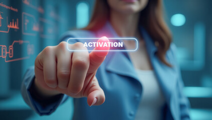 hand presses the virtual activation button, close-up