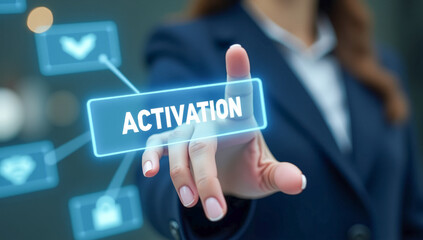 hand presses the virtual activation button, close-up