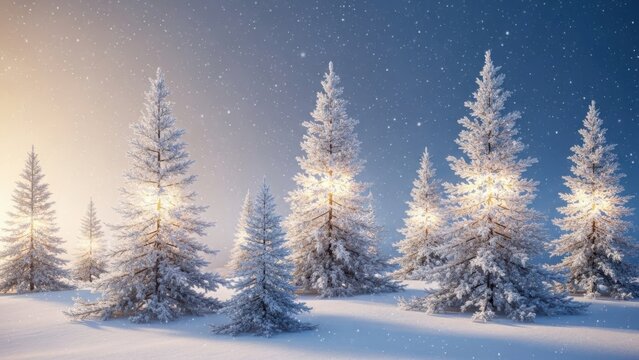 Magical winter forest scene with snow covered evergreen trees illuminated by soft golden light during snowfall