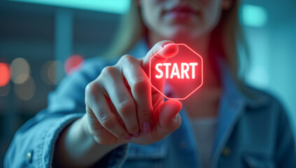 hand presses the virtual start button, close-up