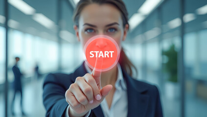 hand presses the virtual start button, close-up