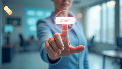 hand presses the virtual start button, close-up