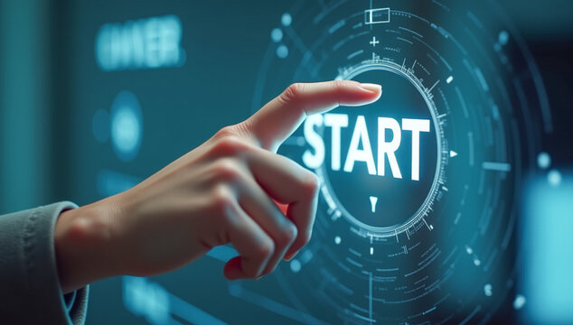 hand presses the virtual start button, close-up - Powered by Adobe