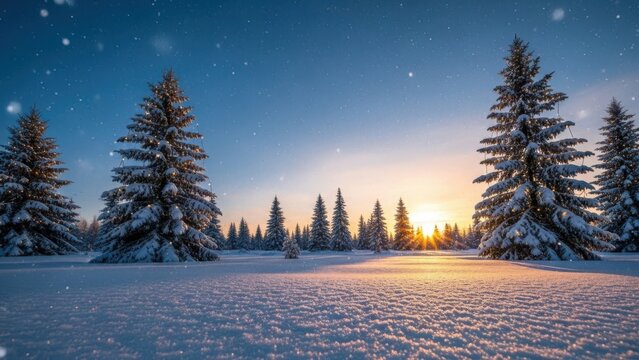 Magical winter landscape at sunset with snow covered pine trees and sparkling snowflakes falling gently