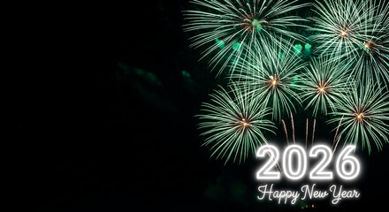 Image of green fireworks display against a dark sky, with a "2026 Happy New Year" message, representing celebration, future, and festive occasion