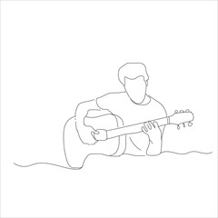 man playing guitar.Continuous single line sketch drawing of a man playing guitar with music notes key.