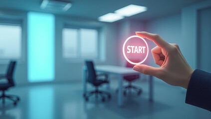 hand presses the virtual start button, close-up