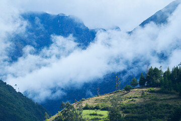 Beautiful view of the sunrise in the meadow surrounded by mist over the mountain range.