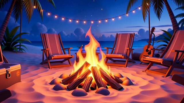 Blazing bonfire burning on a sandy tropical beach at night surrounded by palm trees and string lights in a cinematic 3D illustration, ideal for summer vacation backgrounds