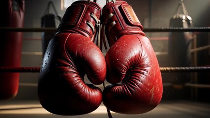 Red leather boxing gloves hanging and swaying on ropes in a dark gym ring with punching bags, illustrating sports training and competition concepts.