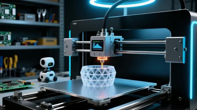 Compact 3d printer making lattice object under cool blue light in tech workshop, showing innovation, printing process
