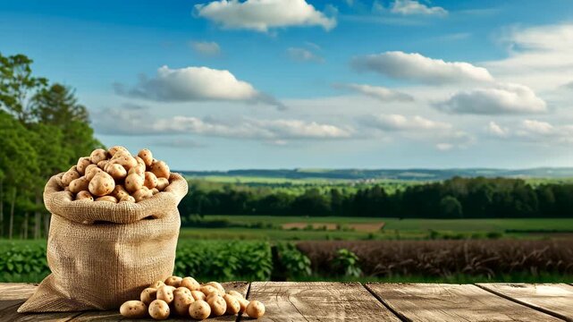 Bags of freshly harvested potatoes are displayed against a backdrop of lush fields and a blue sky dotted with clouds