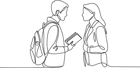 Continuous line art drawing of two young students discussing education, one holding books and a backpack, symbolizing learning and knowledge sharing. Vector, illustration