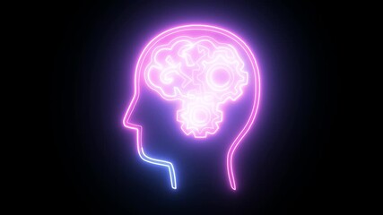 Abstract neon outline of a human face in profile, glowing with blue and pink light, on an isolated background, depicting digital identity and thought process. - Powered by Adobe