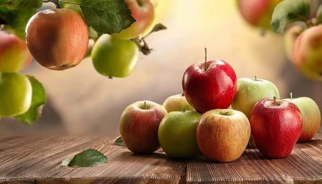 Fresh Assorted Apples On Rustic Wooden Table