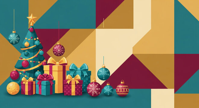 Illustration with Christmas tree, presents, baubles and geometric shapes. Symbolizes the holiday season, celebration, gift-giving, and festive mood