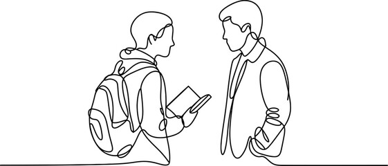 Simple continuous line art illustration depicting two people engaged in a thoughtful discussion about education or mentorship, learning concept. Vector, illustration