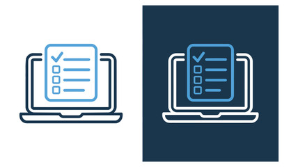 dual laptop checklist icon set in blue and white, representing digital forms, task management, productivity, and online organization tools