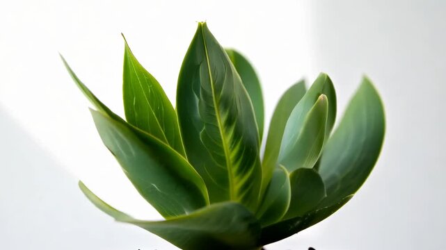 A close-up of a single green leaf with an abstract shape contrasts against a plain white background. the minimalist aesthetic highlights the leaf's texture and form, perfect for modern art or design t