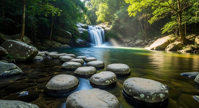 A serene cascade of water, flowing into a shimmering pool, surrounded by lush forest and large, stepping stone rocks