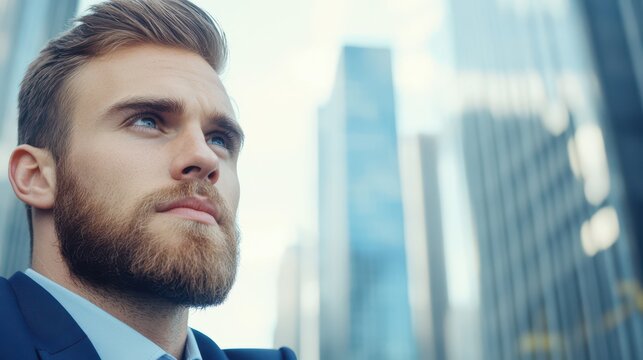 Visionary Gaze: A confident man in a suit, gazes upwards with a contemplative expression against a backdrop of towering skyscrapers.
