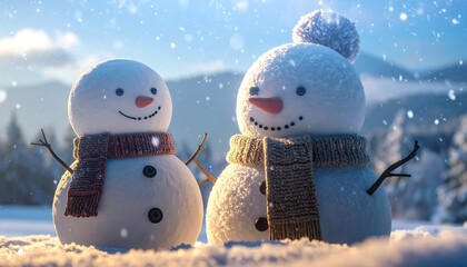 Charming Two Snowman Friends in a Snowy Landscape Winter Scenery