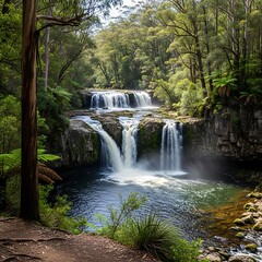 Obraz premium A serene cascading waterfall flows into a pool surrounded by lush green foliage and towering trees in a verdant forest
