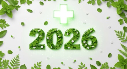 Year 2026 with green leaves and a medical cross symbol for healthcare