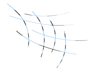 Abstract blue and yellow grid of glowing curved lines pattern art