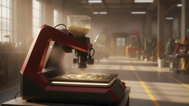 Robotic pancake 3d printer crafting geometric design in warm industrial kitchen, printing process