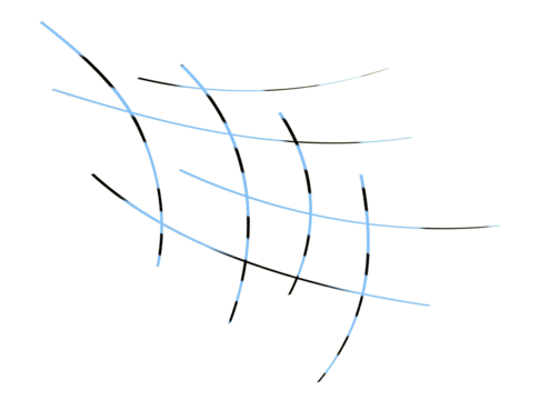 Abstract blue and yellow grid of glowing curved lines pattern art