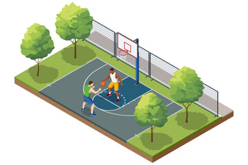 Naklejka premium Isometric illustration of two basketball players on an outdoor court surrounded by trees and a metal fence. Urban sports scene with active gameplay. Basketball court