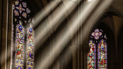 Sunbeams Through Stained Glass Windows Inside Gothic Cathedral