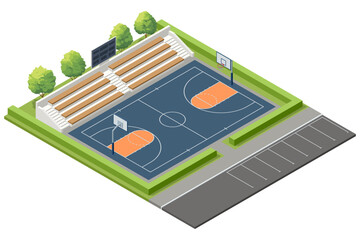 Basketball court. Isometric outdoor basketball court with bleachers, trees, scoreboard, and adjacent parking area. Detailed sports facility illustration.