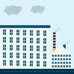 Naklejka premium Flat design factory buildings with smoke stacks and clouds illustration