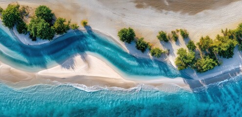 Coastal Serenity: An aerial view showcases the serene beauty where turquoise ocean waves meet the sandy shore, while verdant foliage punctuates the coastline.