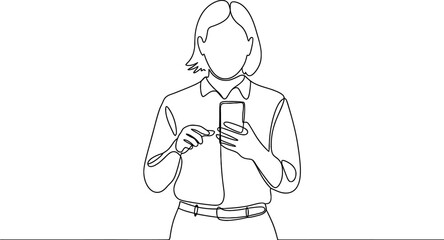 Continuous one line drawing of a young woman using a mobile phone for communication, browsing social media or texting, minimalist digital art Vector, illustration