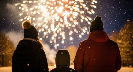 Family watching fireworks display in snowy winter landscape at night