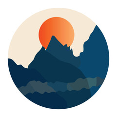 Sunset over jagged mountains in a minimalist circular design illustration